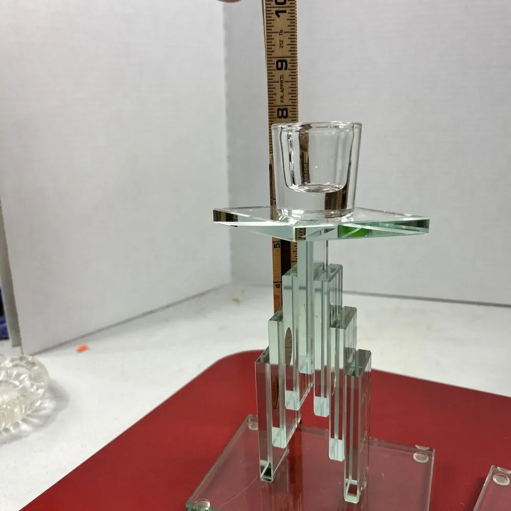 VTG Cut‎ Stacked Glass Candle Holders Art Modern Retro Crystal Heavywt Green 7.5